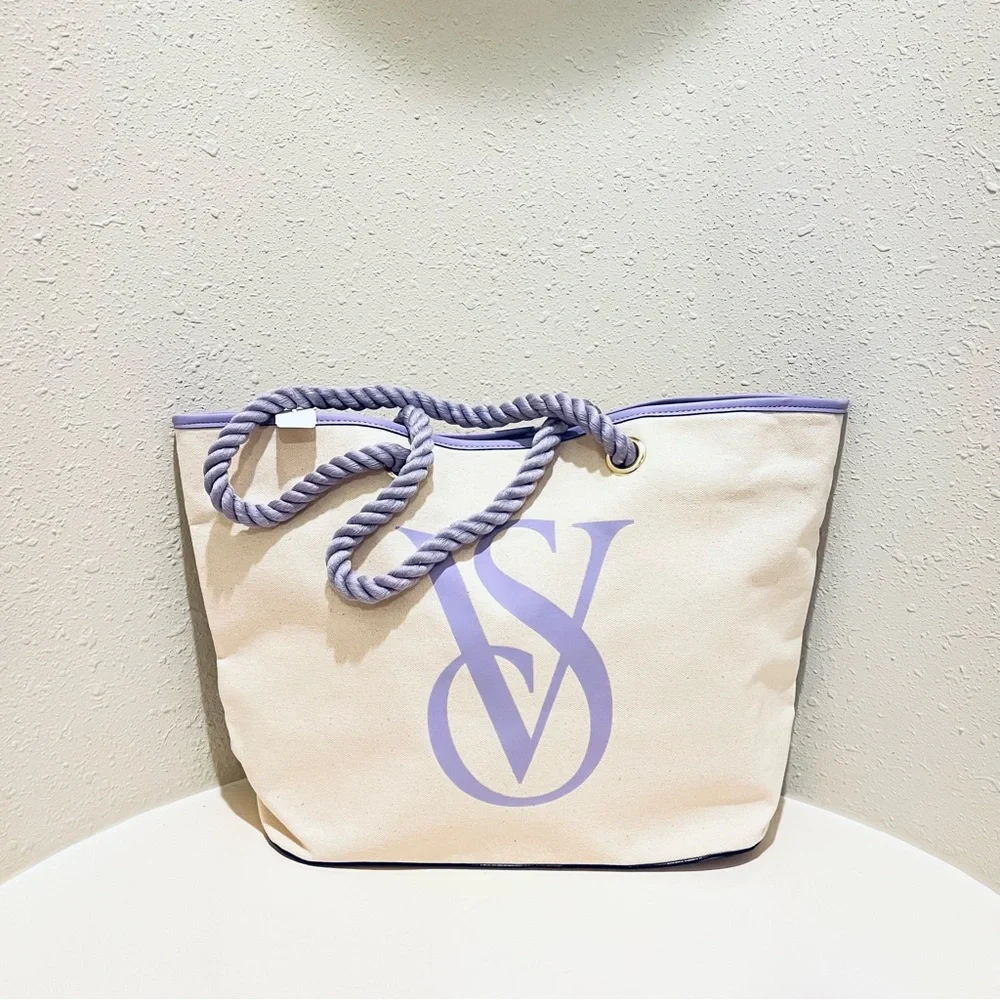 Victoria’s Secret Canvas Cream Lavender Tote Bag OS NWT